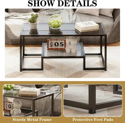 Vista 5 de Wolawu Mesa de Café de Cristal Gris Mesa de Café para Sala de Estar, Mesa Central Rectangular de 2 Niveles con Marco de Metal Resistente, Mesa