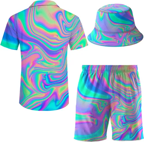 Vista 3 de Wdpsuxin Conjunto de 2 piezas para hombre, camisa hawaiana, pantalones cortos, camisa con botones y pantalones cortos con sombreros de pescador