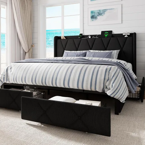 Vista 19 de GalnFu Base de cama de tamaño matrimonial con 4 cajones de almacenamiento, plataforma tapizada con estación de carga, moderna cabecera de Beige
