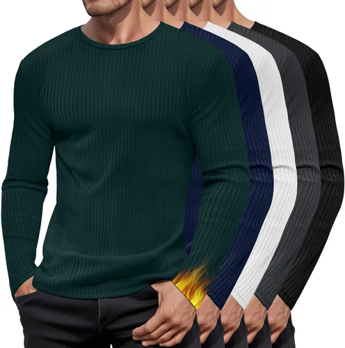 Vista 7 de Paquete de 5 camisas térmicas de algodón para hombre, manga larga, acanaladas, cuello redondo, ajustadas, suéter casual