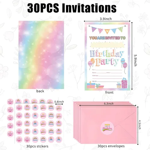 Vista 2 de Idealmuzik Paquete de 30 invitaciones de fiesta de cumpleaños para niñas con sobres y calcomanías, lindas tarjetas de invitaciones de fiesta