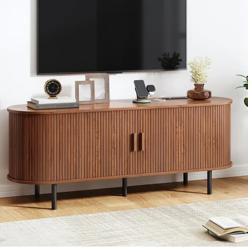 Vista 18 de Soporte de TV de 55 pulgadas con toma de corriente, consola multimedia moderna con puertas correderas, centro de entretenimiento para televisores