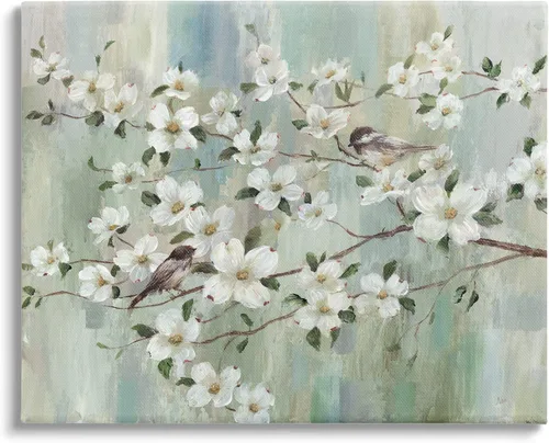 Vista 7 de Stupell Industries Delicadas flores de cerezo encaramadas pájaros pintura clásica flotante enmarcado arte de pared, diseño de Nan
