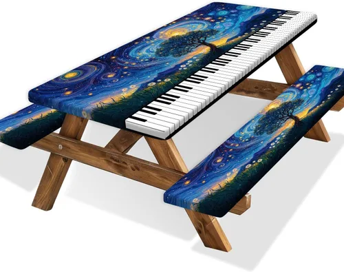 Vista 9 de Funda para Mesa de Picnic con Fundas para Bancos y Bolsa, Campista de Madera Impermeable Resistente al Viento, Cubierta de Mantel Ajustada con Borde