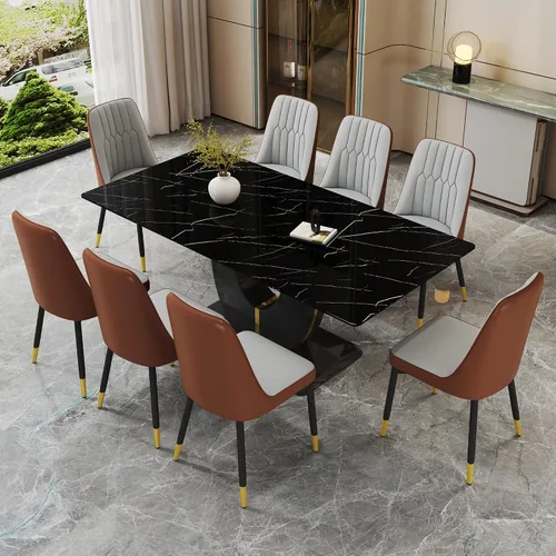 Vista 8 de JUFU Moderno juego de mesa de cocina y comedor, mesa rectangular con parte superior de mármol sintético, 63 pulgadas, color negro, 4 sillas
