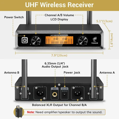 Vista 6 de Sistema de Micrófonos Inalámbricos TONOR, Micrófonos Dinámicos de Mano Profesionales de Metal UHF de 2*15 Canales con Receptor Inalámbrico