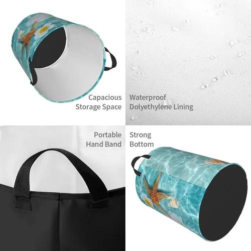 Vista 4 de Cesta de lavandería con diseño de estrellas de mar y flores, impermeable, plegable, con asa duradera, cesta de almacenamiento de ropa sucia redonda