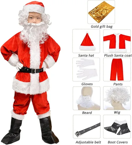 Vista 2 de KLLOUZE Disfraz de Papá Noel para niños, disfraz de Papá Noel de lujo para Navidad, disfraz de fiesta de cosplay para niños y niños, 9 piezas