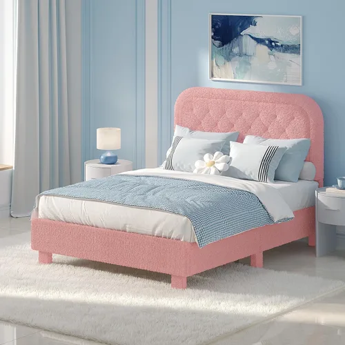 Vista 19 de VINGLI Base de cama individual para niños, cama de plataforma tapizada Boucle con cabecera ajustable, soporte de listones de madera resistente, cama
