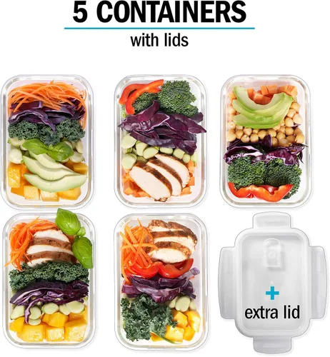 Vista 2 de Igluu Recipientes de vidrio para preparación de comidas con tapas de ventilación (paquete de 5) – 28 onzas (+Extra Lid) – Airtight & BPA-Free