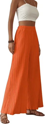 Vista 6 de SweatyRocks Pantalones plisados con cintura elástica bohemia para mujer, pantalones palazzo de pierna ancha, pantalones sueltos