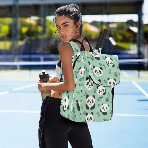 Vista 7 de Mochila de tenis de bádminton con diseño de pandas, color verde menta, sin costuras, con capacidad para 2 raquetas para mujeres y hombres, maleta