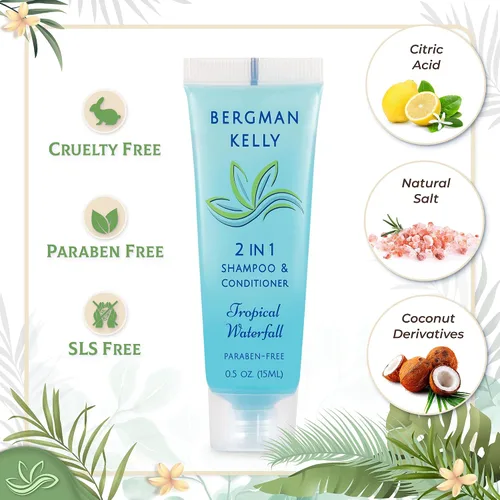 Vista 2 de Bergman Kelly - Champú y acondicionador 2 en 1 tamaño viaje - 0.5 fl oz, 200 PK, cascada tropical - Deleite a sus invitados con amenidades de champú