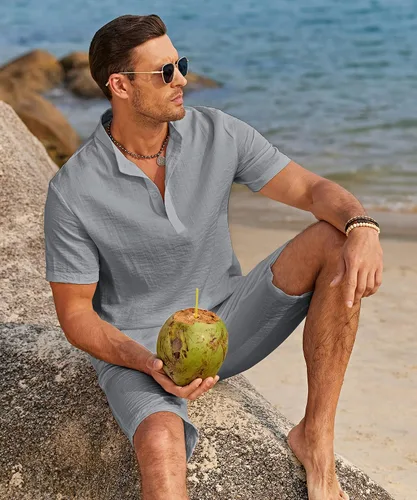 Vista 7 de COOFANDY Conjunto de 2 piezas de lino para hombre, camisas Henley casuales de manga corta, pantalones cortos de yoga para la playa, pantalones