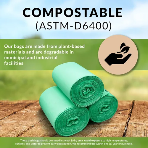 Vista 4 de Reli. Bolsas de compost de 3 galones (150 unidades) Certificado ASTM D6400 Bolsas de basura compostables ecológicas Forros de desechos