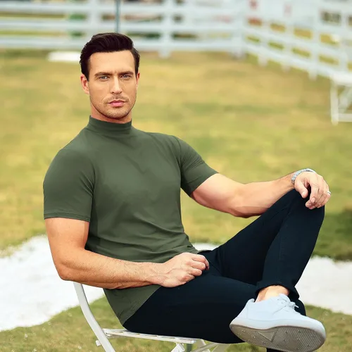 Vista 6 de Men's T Shirt Short Sleeve Basic Mock Turtleneck Tops Verde militar