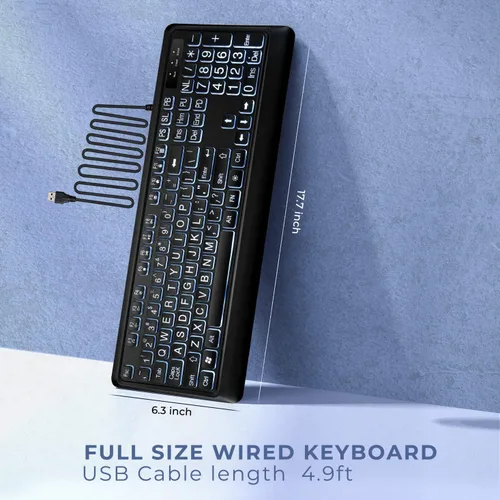 Vista 6 de KOPJIPPOM Teclado Retroiluminado de Letras Grandes, Teclado de Computadora con Cable USB, Teclado de Tamaño Completo con LED Blanco Iluminado