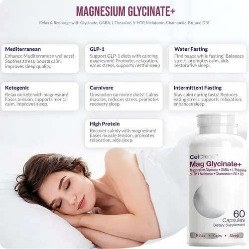 Vista 2 de El glicinato de magnesio+ apoya el alivio del estrés, el sueño, la salud del corazón, los nervios, los músculos y el metabolismo con glicinato