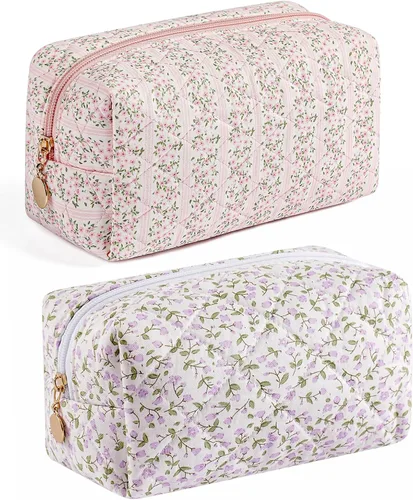 Vista 12 de Bolsa de maquillaje de viaje para mujeres y niñas, bolsa de maquillaje con cremallera, flores florales, organizador de maquillaje, bolsa de tela