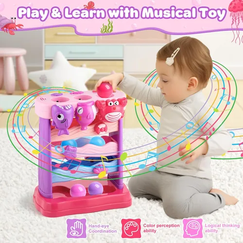 Vista 4 de V-Opitos Juguetes musicales para niños de 1 y 2 años, juguetes interactivos de alimentación con pelota, juguetes educativos Montessori, regalos
