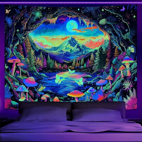 Vista 15 de Zussun Tapiz de hongo rojo, tapices de luna y estrella para dormitorio, estética de color beige, noche estrellada, planta verde, tapiz de pared