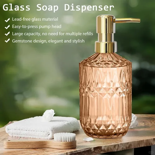 Vista 4 de Dispensador de jabón de vidrio con bomba dorada de 14 onzas, diseño de diamante ámbar, botella líquida recargable para encimera, dispensador