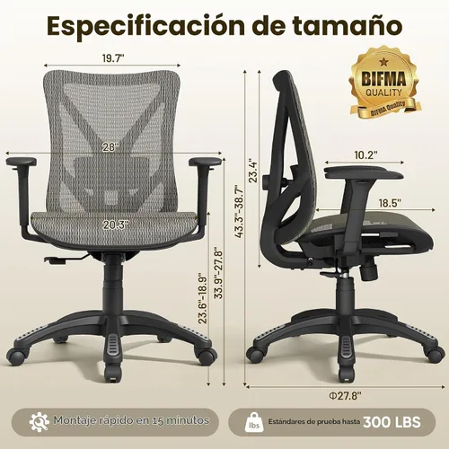 Vista 3 de Silla de oficina ergonómica, sillas de escritorio de malla para computadora con certificación BIFMA X5.1, soporte lumbar ajustable, brazo 3D