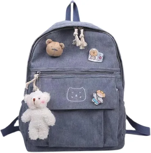 Vista 12 de YUESUO Mochila grande de pana Kawaii con bonito colgante de oso vintage para niña, estudiante, mochila escolar, Beige, Classic