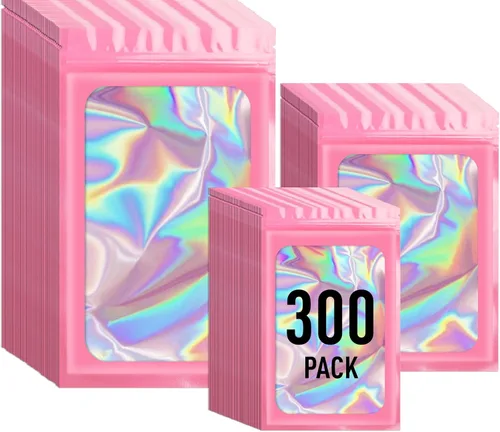 Vista 14 de ANZNKU 300 bolsas holográficas de Mylar resellables, bolsas resellables de 4x6 pulgadas para pequeñas empresas, bolsa de kit para resaca a prueba