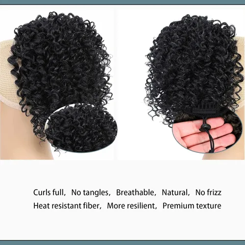 Vista 4 de Cola de caballo con cordón para mujeres negras, extensión de cola de caballo negra rizada para mujeres negras, extensiones de cabello sintético