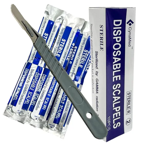 Vista 2 de Bisturíes desechables estériles (paquete de 10) - Cuchillas de acero de alto carbono tamaño #10 con mango de plástico para dermaplaning