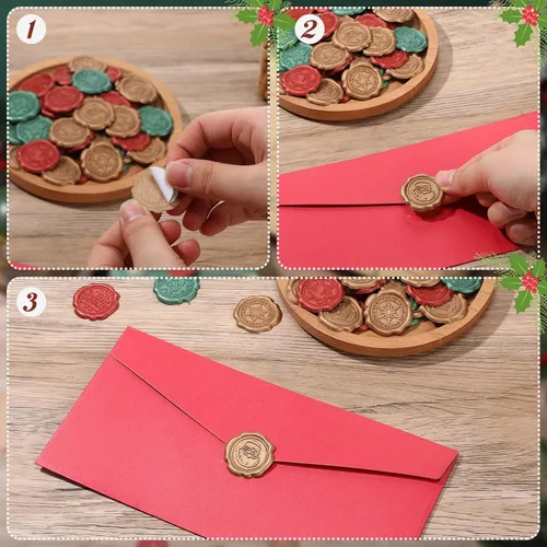 Vista 2 de Kosiz 100 calcomanías autoadhesivas para sello de cera de Navidad de 1.18 pulgadas, calcomanías de sello de sobre, vintage, Papá Noel, copos