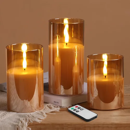 Vista 12 de Eywamage Juego de 3 velas LED sin llama de cristal gris ahumado con control remoto, parpadeantes que funcionan