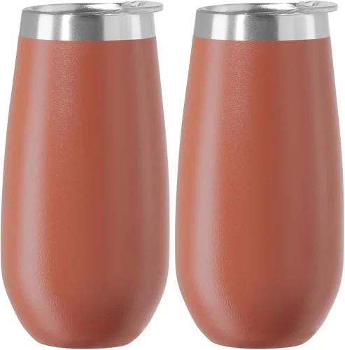 Vista 21 de OGGI Thermo Flute 'Celebrate Collection' - Vaso de copa de champán con aislamiento de acero inoxidable, grano de madera, 6 onzas, con tapa