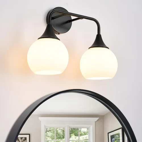 Vista 8 de Lámparas doradas de baño con 2 luces de tocador con pantalla de vidrio blanco leche, luces de tocador para baño, aplique de pared moderno para baño