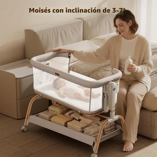 Vista 6 de NeoBorn Cuna de 3 en 1 para bebé, cuna junto a la cama para bebé, cuna mecedora con malla transpirable completa, colchón y sábana suave, altura