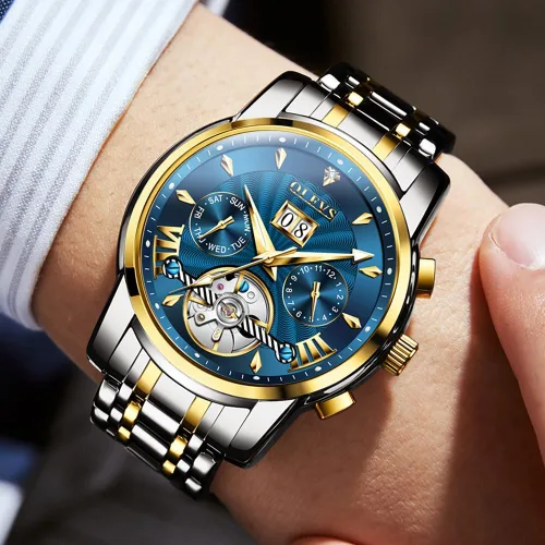 Vista 4 de OLEVS Relojes de cuerda automática para hombre, reloj mecánico automático Tourbillon de acero inoxidable con doble calendario, impermeable, luminoso