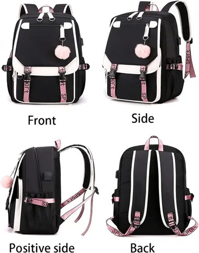 Vista 3 de KUJIAPIN Mochila para niños y niñas, escuela secundaria, estudiantes, mochila para exteriores, Negro Rosa, Mochilas Daypack