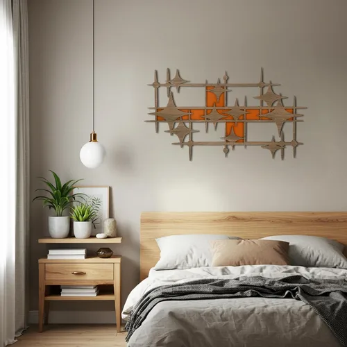 Vista 6 de BrightRow Decoración de pared de madera de mediados de siglo, diseño de explosiones de estrellas grandes, escultura retro de paneles de explosión