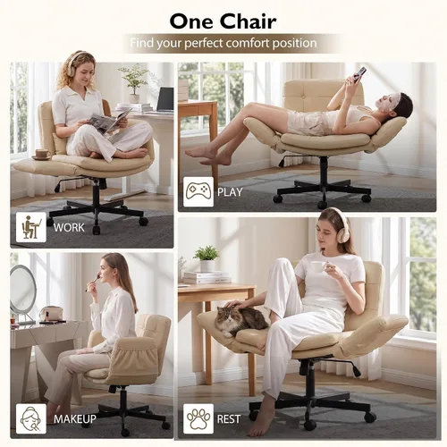 Vista 4 de Silla Criss Cross con ruedas y reposabrazos, piel sintética, color beige