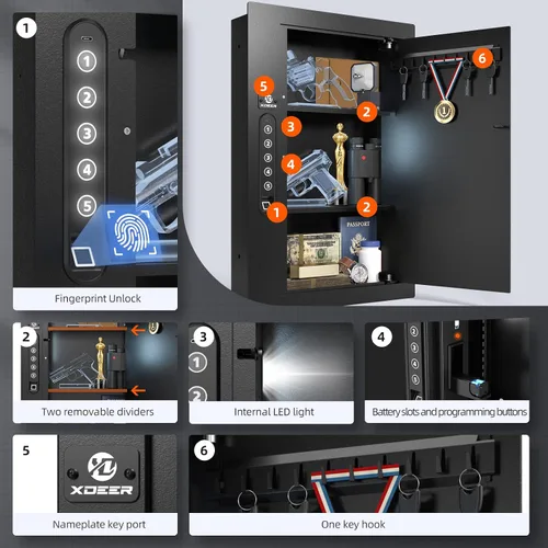 Vista 3 de XDeer Caja fuerte de seguridad de pared plana oculta en la pared, caja fuerte biométrica oculta para huellas dactilares, cajas fuertes electrónicas