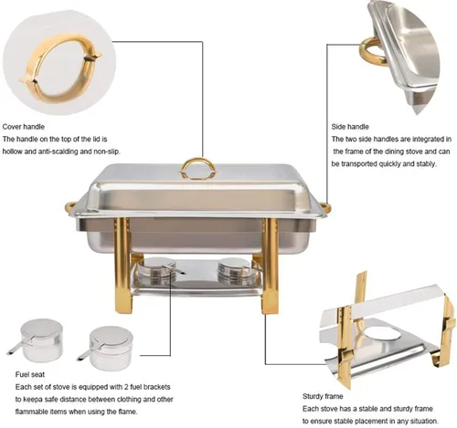 Vista 3 de Recipiente de calentamiento de acero inoxidable de 9 L, calentador de alimentos, calentador de alimentos, estufa de buffet rectangular