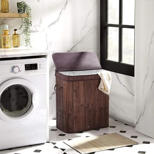 Vista 2 de SONGMICS Cesta de lavandería con tapa, cesta de lavandería de bambú con asas, cesta de almacenamiento plegable para lavandería, dormitorio, 100
