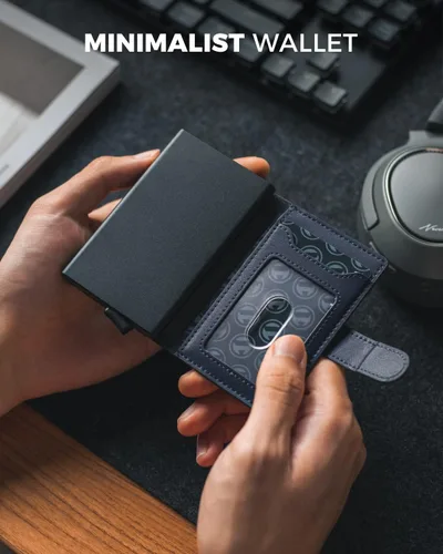 Vista 4 de VULKIT Cartera desplegable con ranuras de cuero, bloqueo RFID, funda de metal delgada para tarjetas