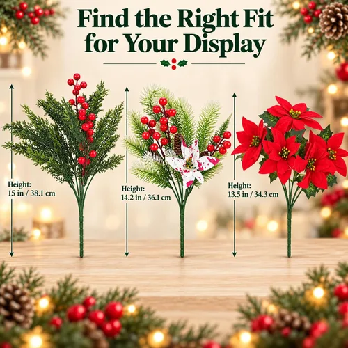 Vista 3 de 12 paquetes de púas artificiales de Navidad, tallos de pino cedro y bayas