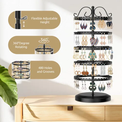 Vista 3 de LASZOLA Soporte organizador de aretes negro de 5 niveles, árbol para mujer, almacenamiento para tachuelas y aro, soporte de clip giratorio grande