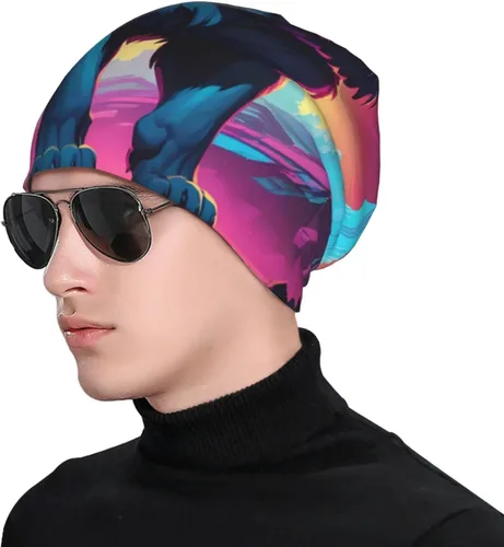 Vista 4 de Synthwave Sabertooth Printed Knit Hat, Stylish AutumnWinter Hat, Perfect for Everyday Wear, Travel, and Skiing Black