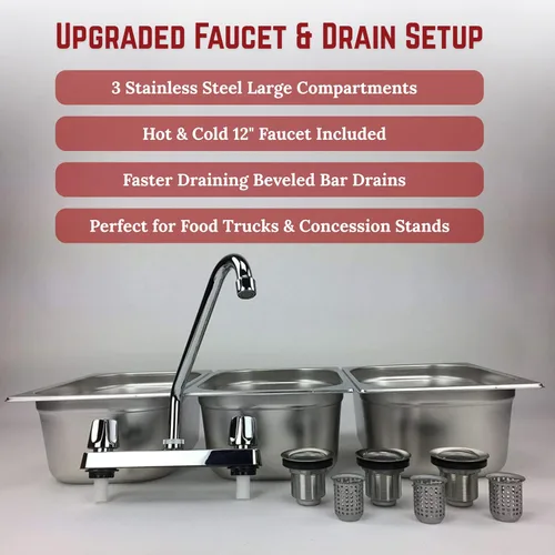 Vista 6 de Fregadero de concesión de acero inoxidable con 3 compartimentos grandes Portable 3-basin sink with 12" faucet, bar drains, and basket strainers