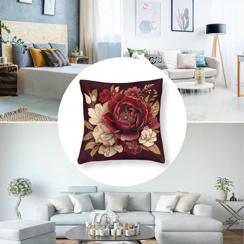 Vista 5 de Fundas de cojín de satén elegantes, decorativas florales burdeos, suaves y lujosas, elegantes fundas de almohada de terciopelo floral para sofá