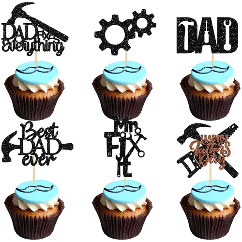 Vista 13 de Gyufise 24 piezas de decoración para cupcakes con bigote con purpurina negra del mundo para el mejor papá del mundo, decoraciones para el Día